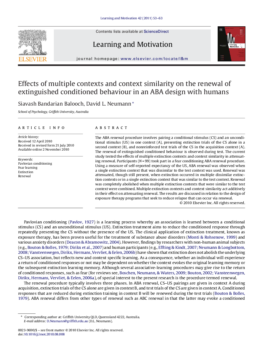 Effects of multiple contexts and context similarity on the renewal of extinguished conditioned behaviour in an ABA design with humans