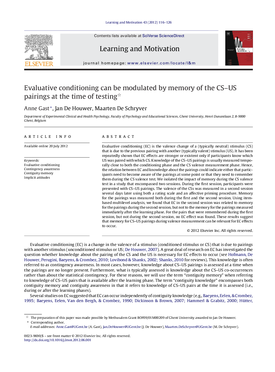 Evaluative conditioning can be modulated by memory of the CS–US pairings at the time of testing 