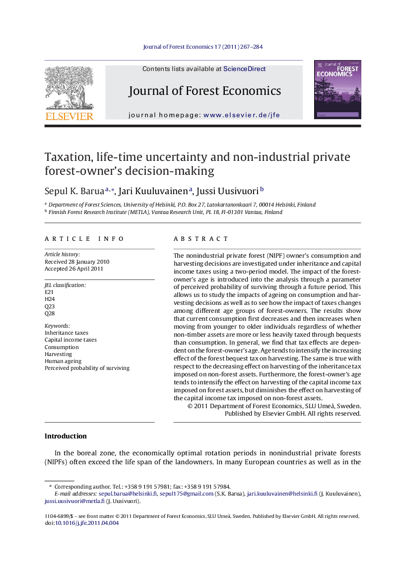 Taxation, life-time uncertainty and non-industrial private forest-owner's decision-making