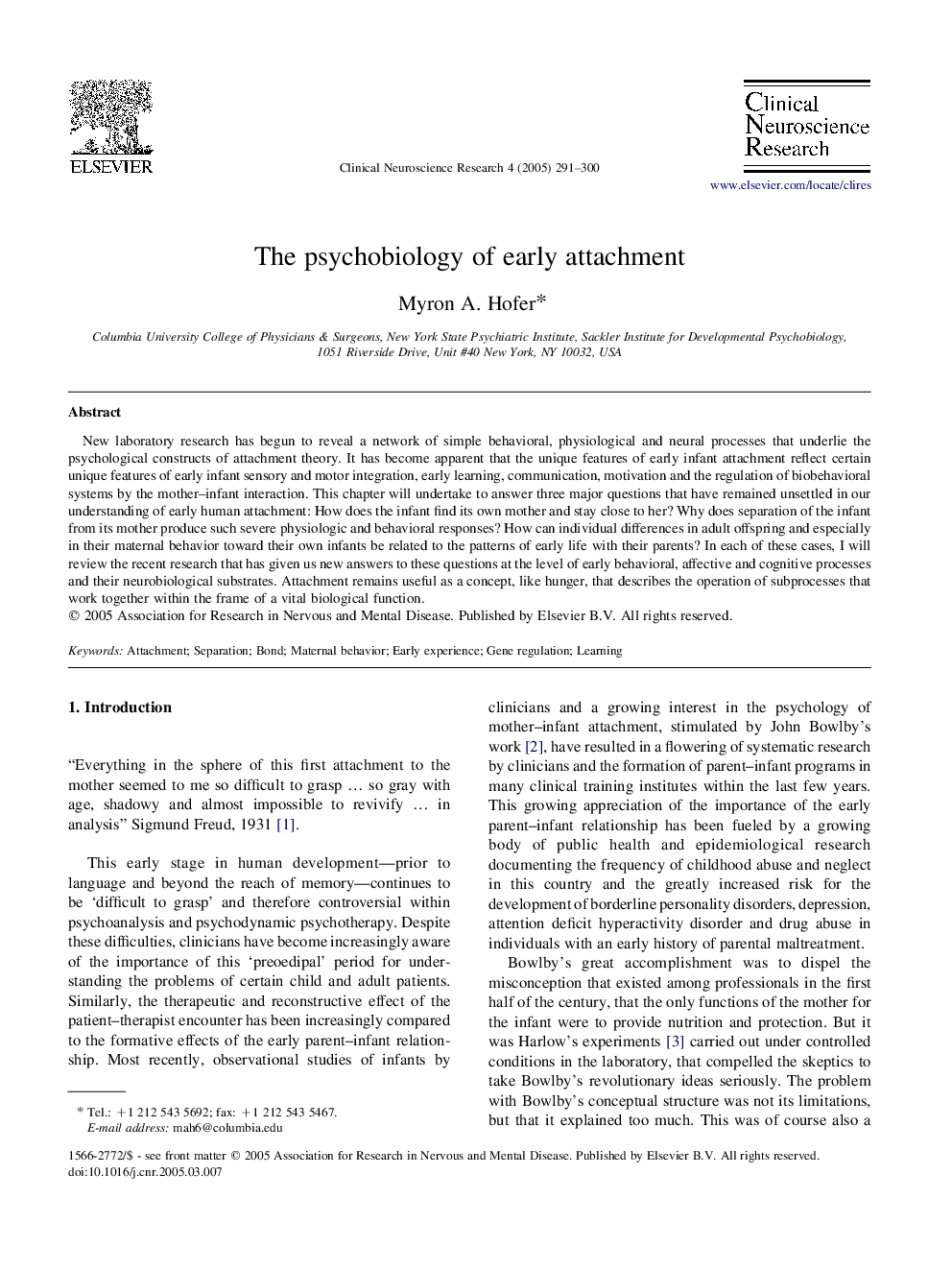 The psychobiology of early attachment