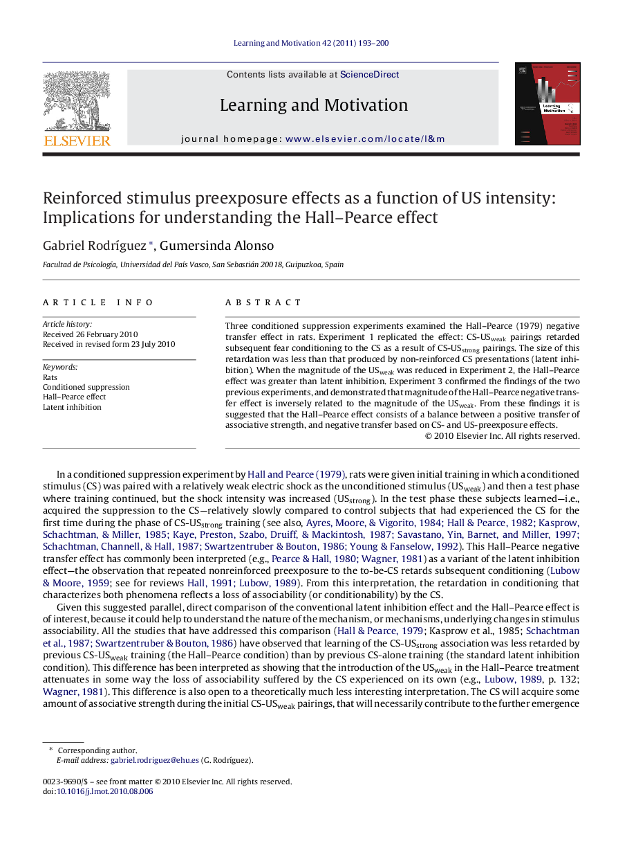 Reinforced stimulus preexposure effects as a function of US intensity: Implications for understanding the Hall–Pearce effect