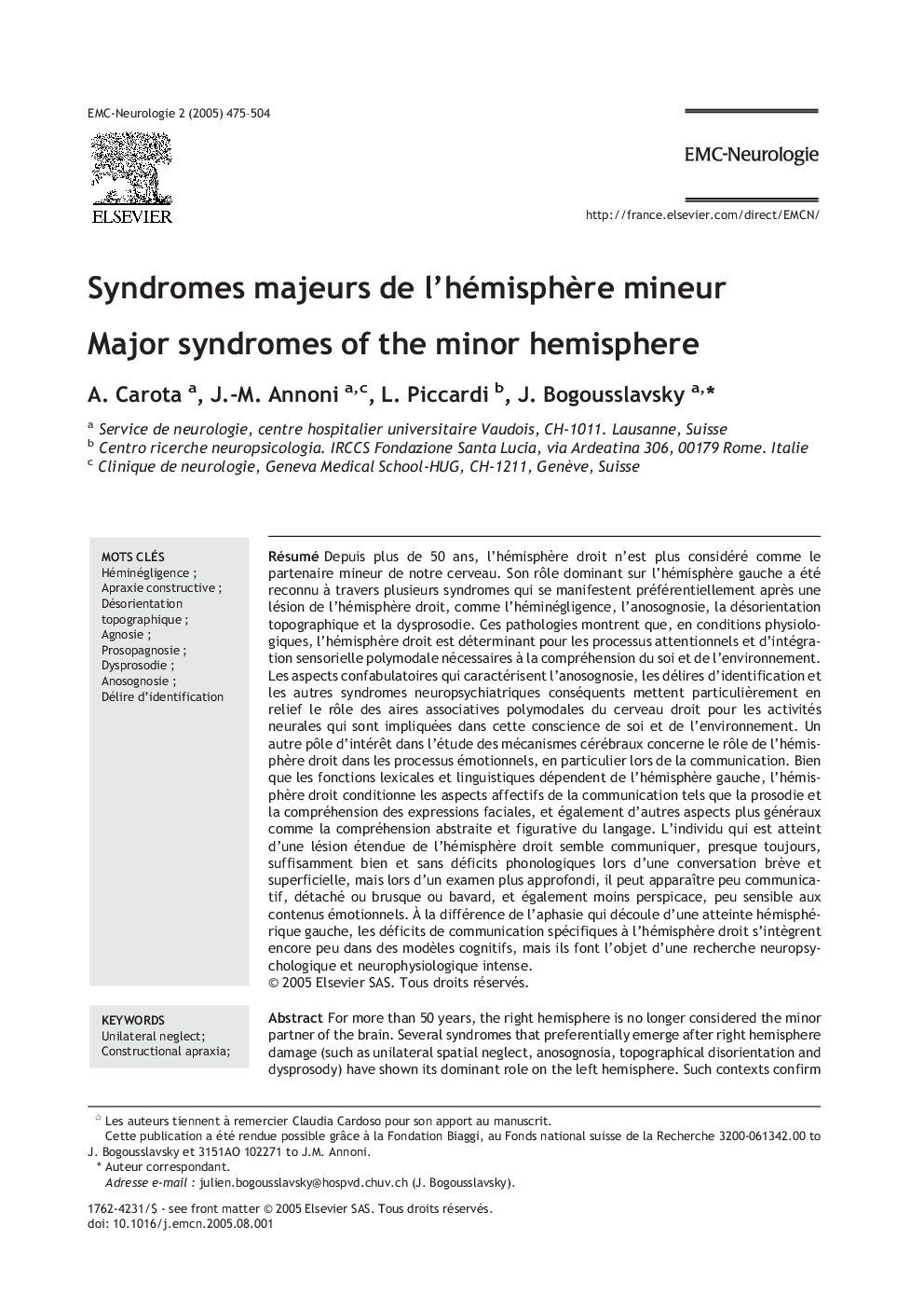 Syndromes majeurs de l'hémisphÃ¨re mineur