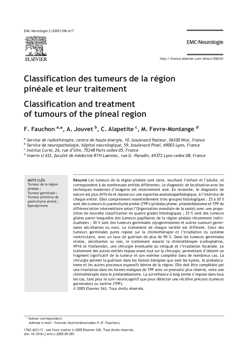 Classification des tumeurs de la région pinéale et leur traitement