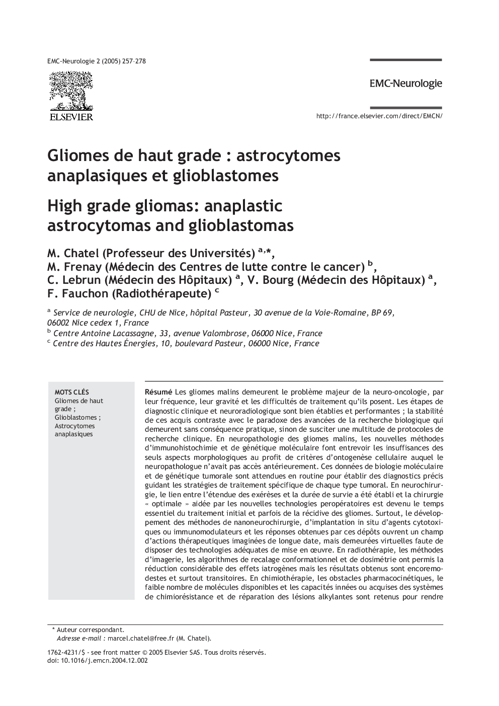 Gliomes de haut grade : astrocytomes anaplasiques et glioblastomes