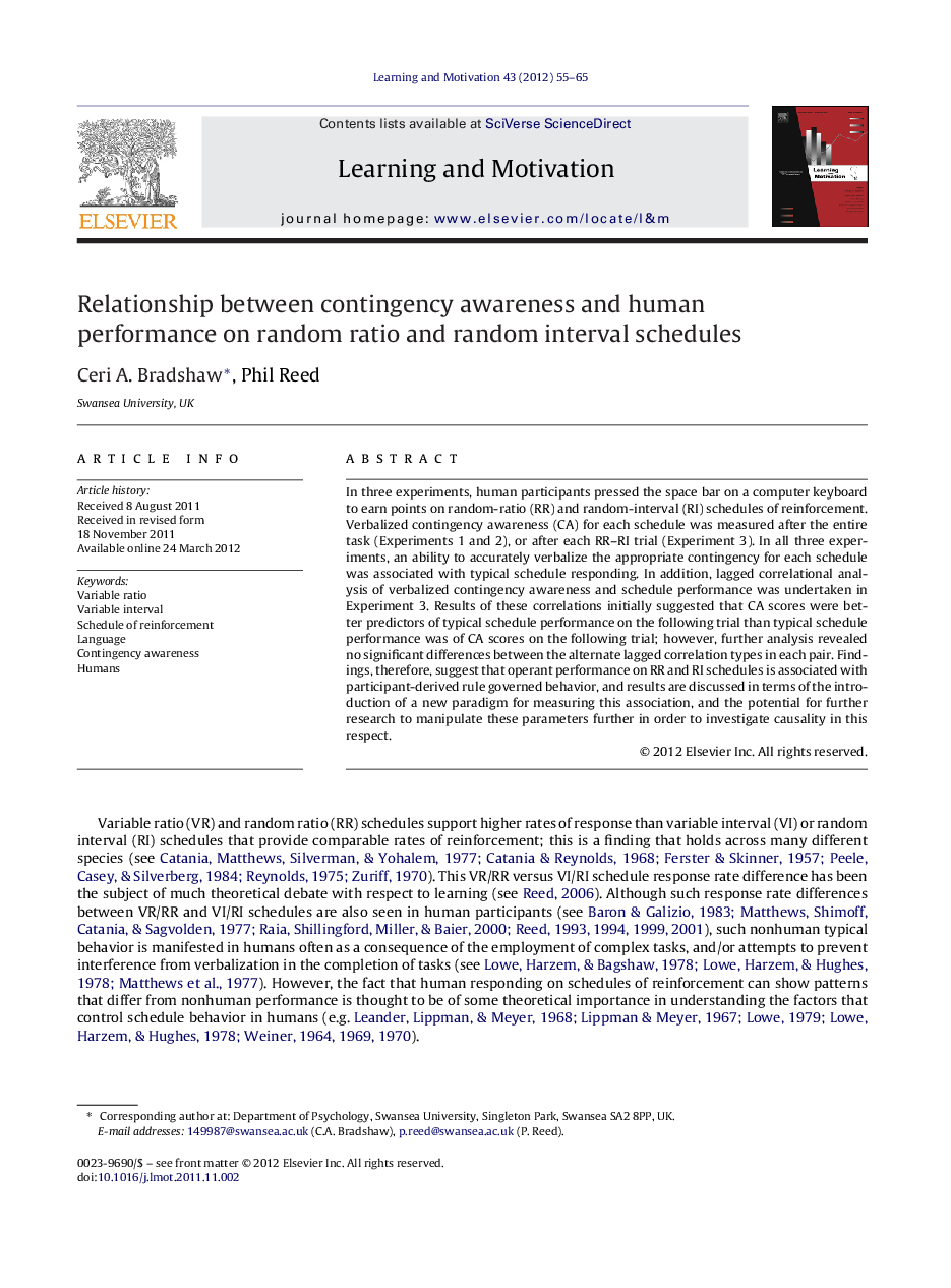 Relationship between contingency awareness and human performance on random ratio and random interval schedules