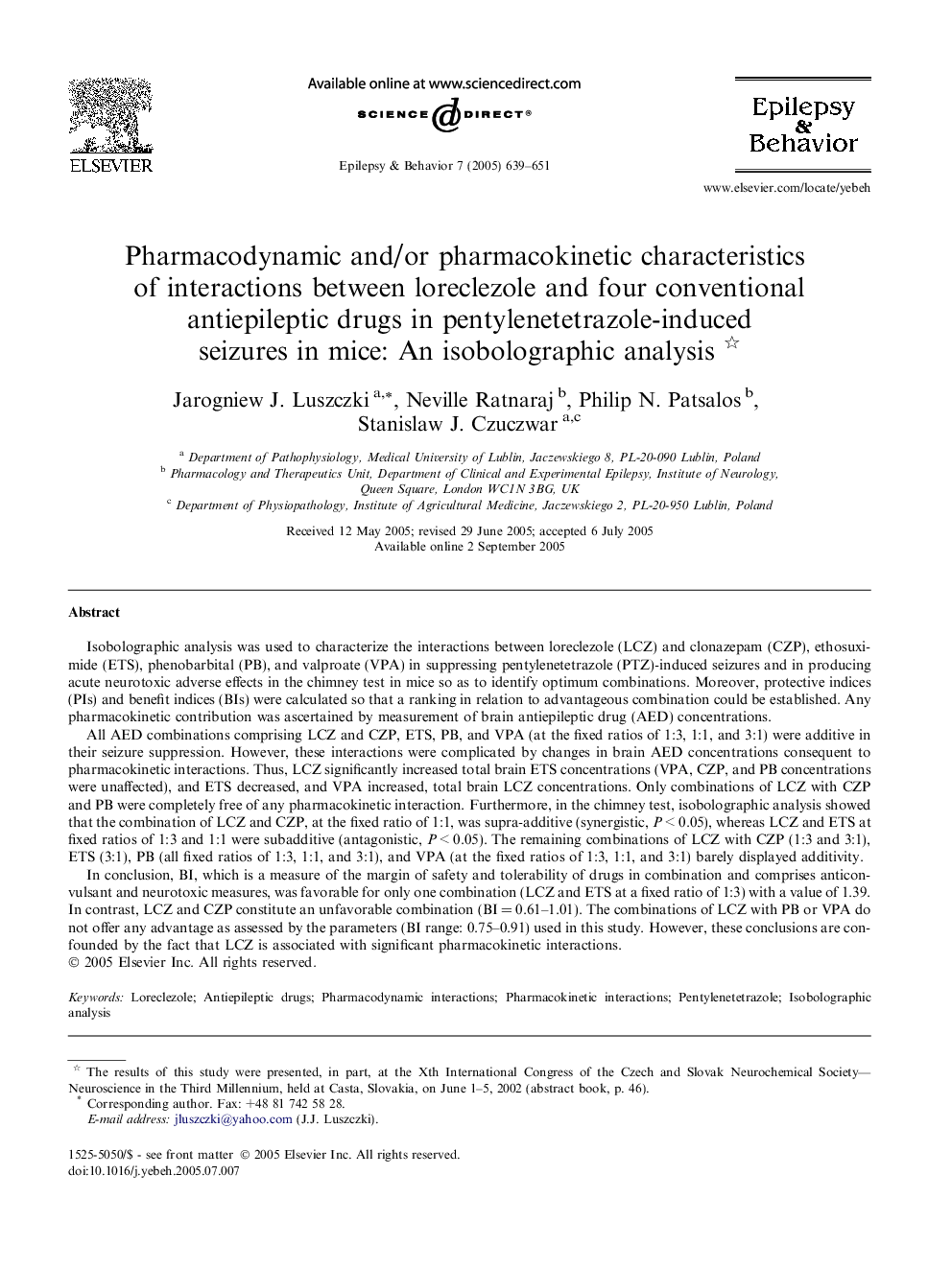 Pharmacodynamic and/or pharmacokinetic characteristics of interactions between loreclezole and four conventional antiepileptic drugs in pentylenetetrazole-induced seizures in mice: An isobolographic analysis