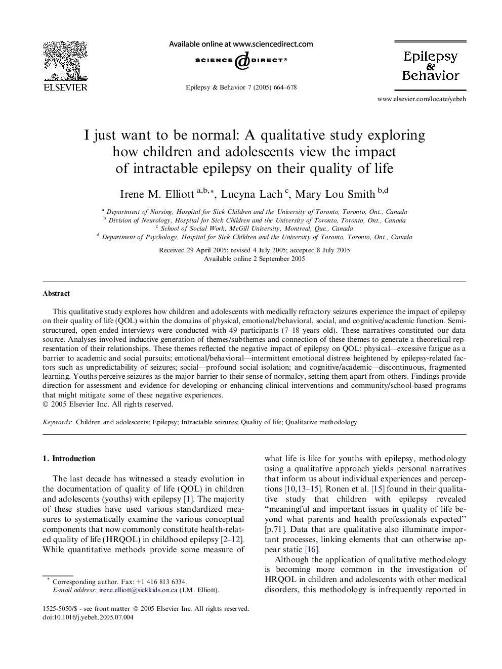 I just want to be normal: A qualitative study exploring how children and adolescents view the impact of intractable epilepsy on their quality of life