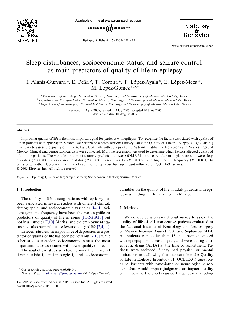 Sleep disturbances, socioeconomic status, and seizure control as main predictors of quality of life in epilepsy