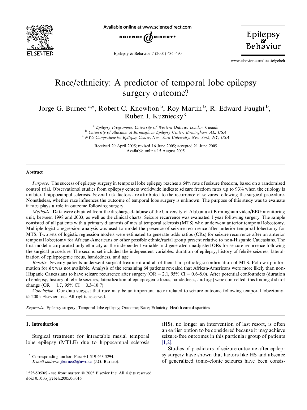 Race/ethnicity: A predictor of temporal lobe epilepsy surgery outcome?