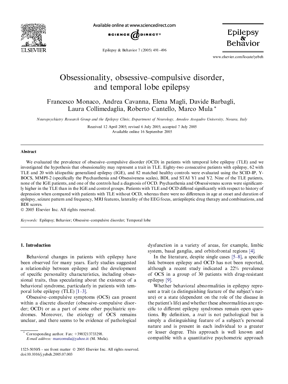 Obsessionality, obsessive-compulsive disorder, and temporal lobe epilepsy