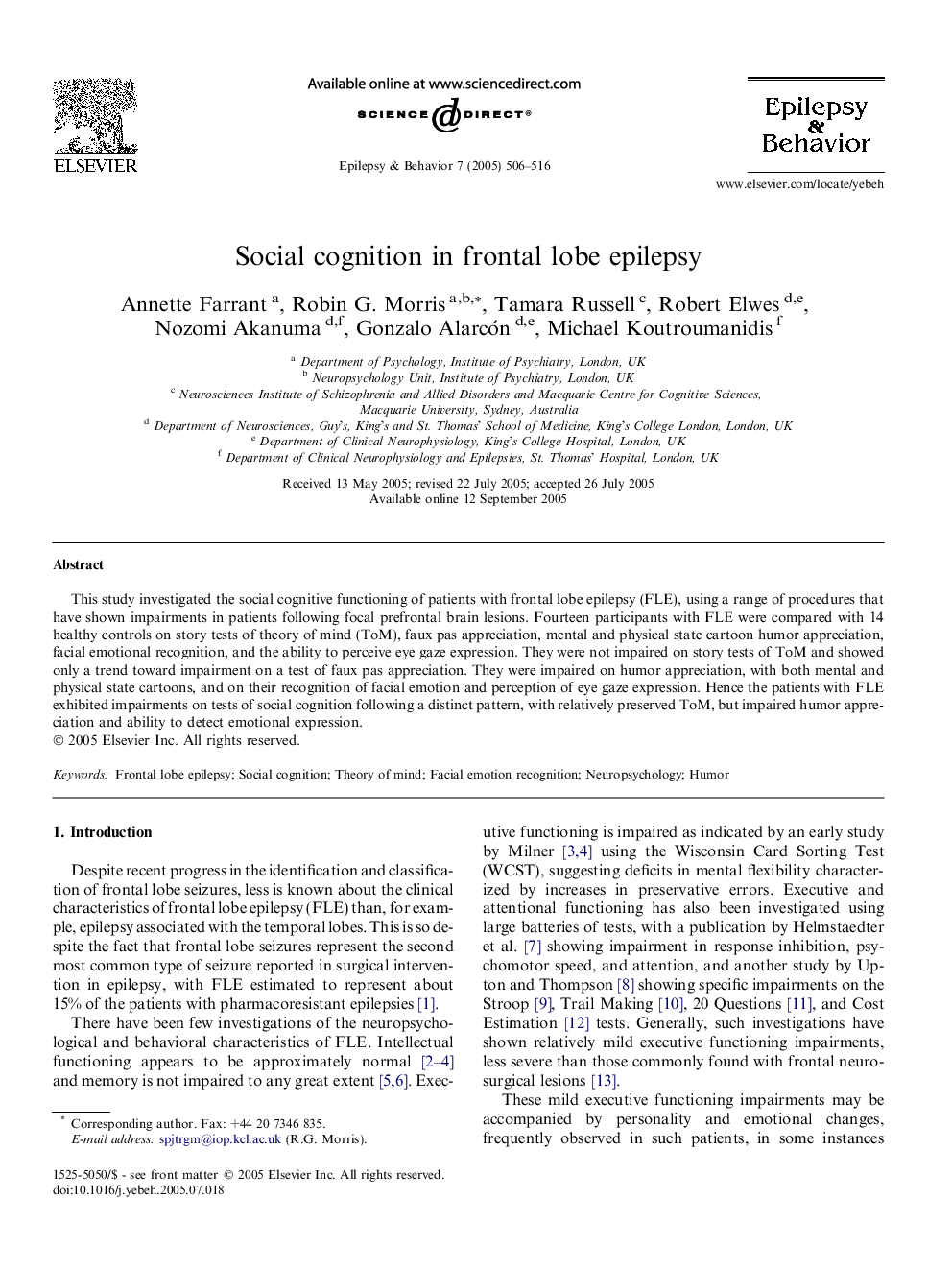 Social cognition in frontal lobe epilepsy