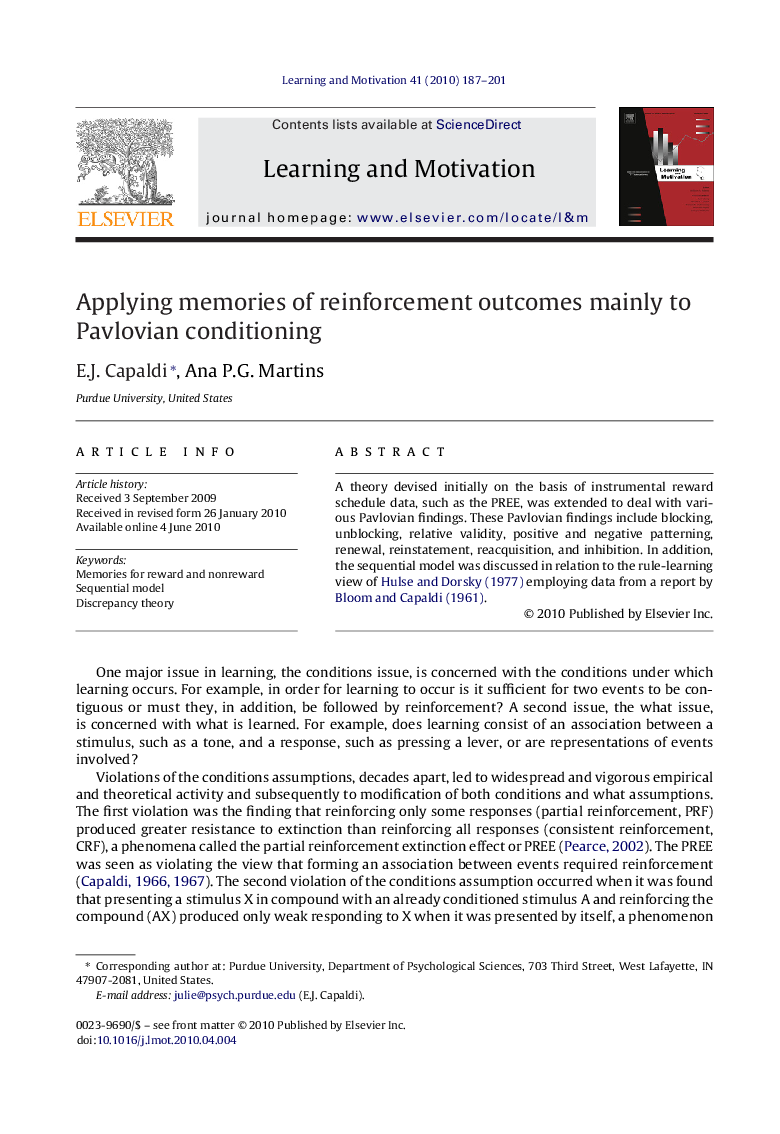 Applying memories of reinforcement outcomes mainly to Pavlovian conditioning