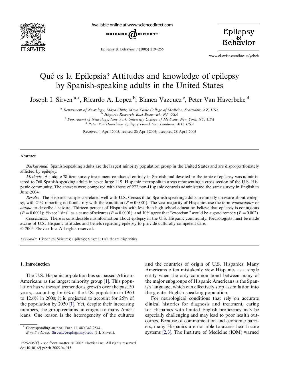 Qué es la Epilepsia? Attitudes and knowledge of epilepsy by Spanish-speaking adults in the United States