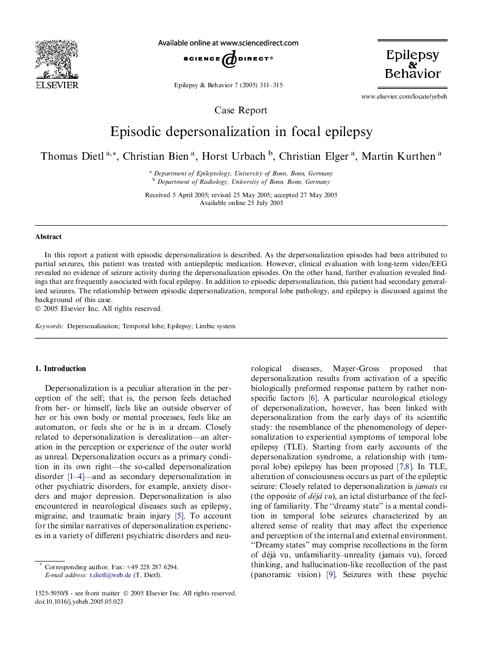 Episodic depersonalization in focal epilepsy