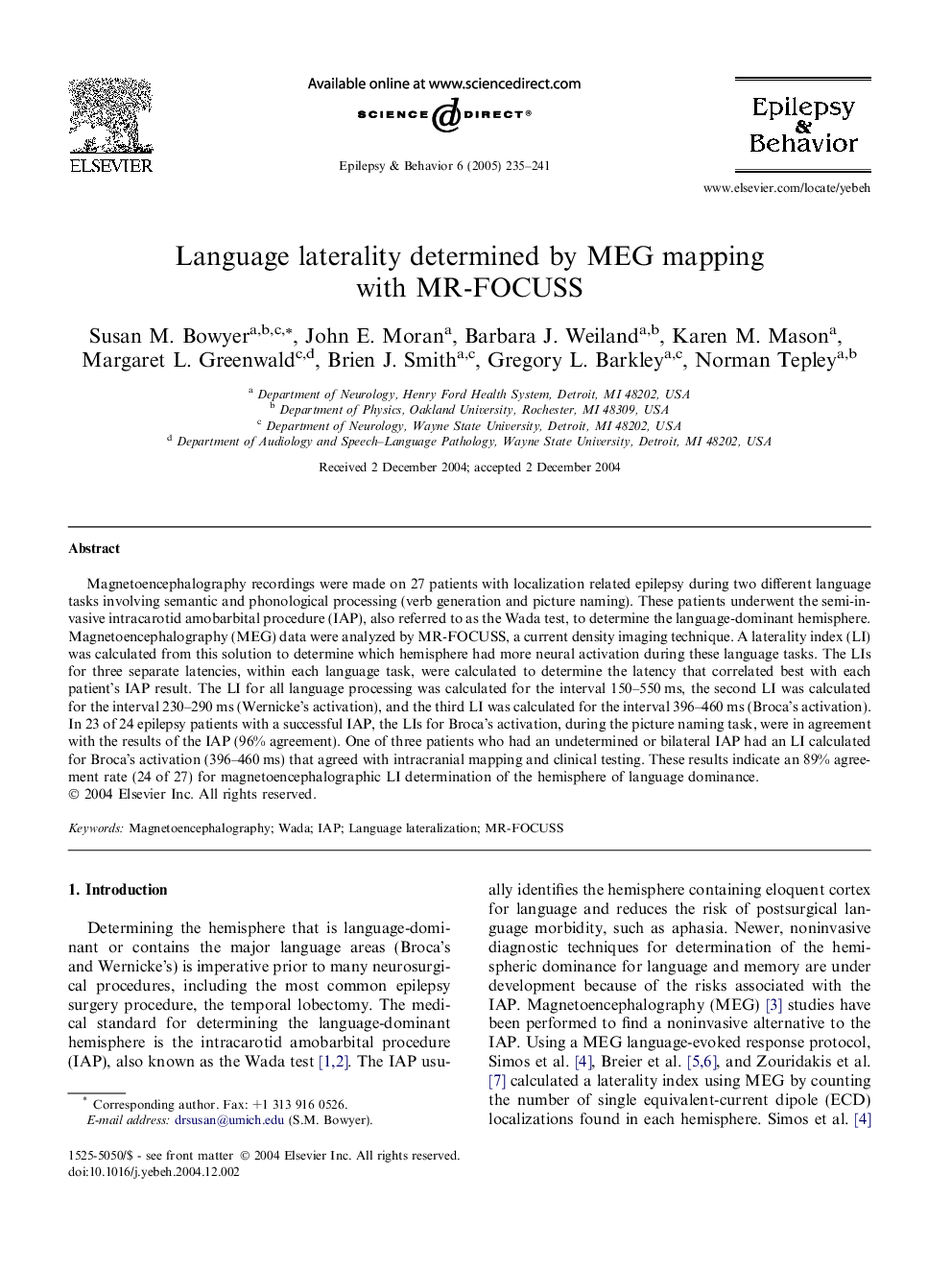 Language laterality determined by MEG mapping with MR-FOCUSS