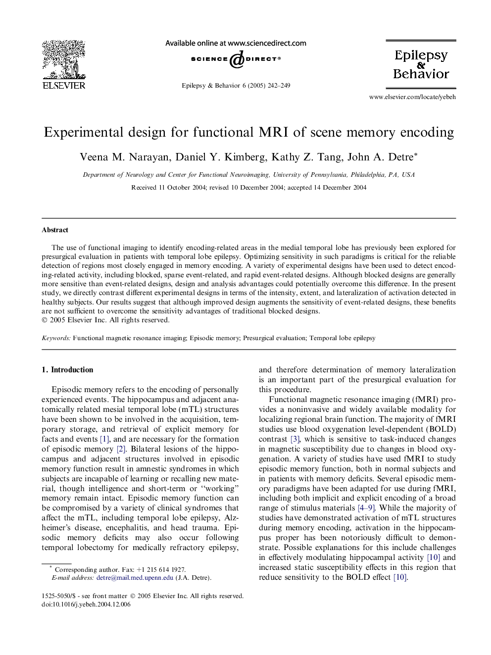 Experimental design for functional MRI of scene memory encoding