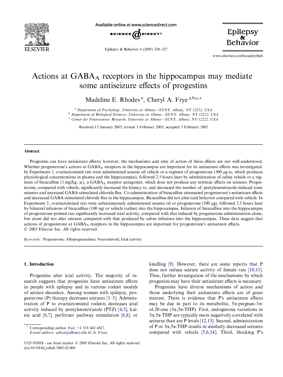 Actions at GABAA receptors in the hippocampus may mediate some antiseizure effects of progestins