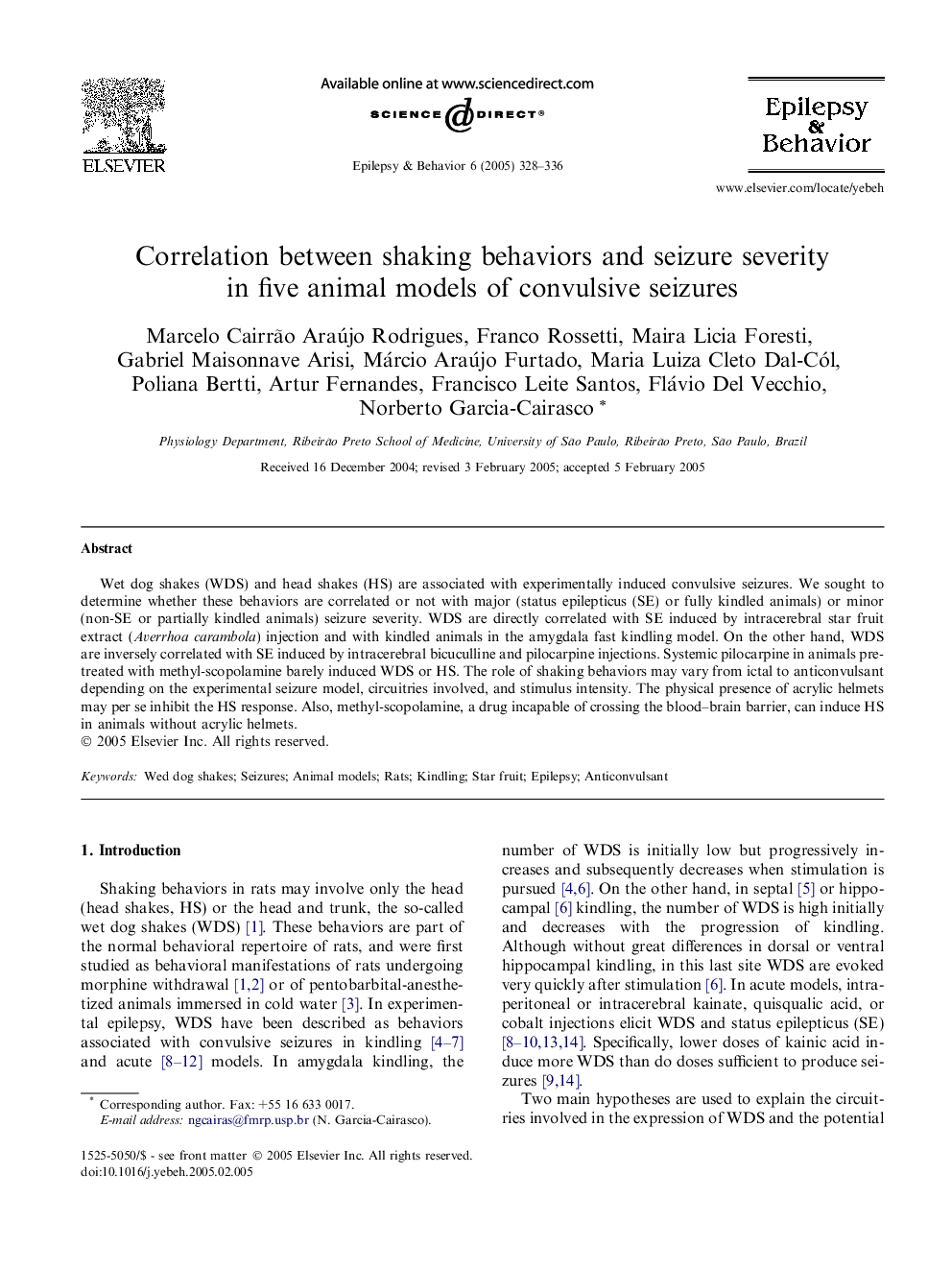 Correlation between shaking behaviors and seizure severity in five animal models of convulsive seizures