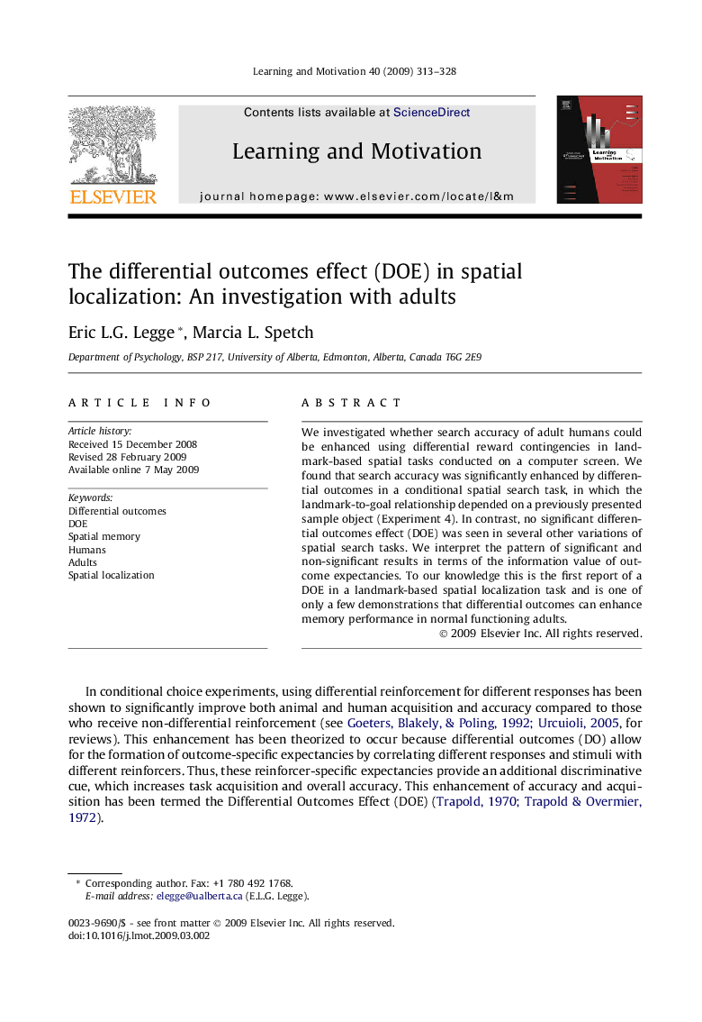 The differential outcomes effect (DOE) in spatial localization: An investigation with adults