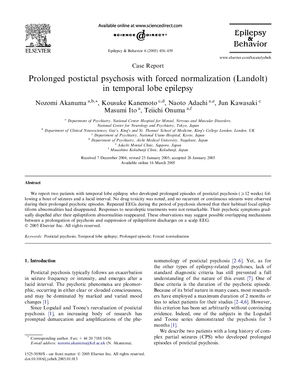 Prolonged postictal psychosis with forced normalization (Landolt) in temporal lobe epilepsy