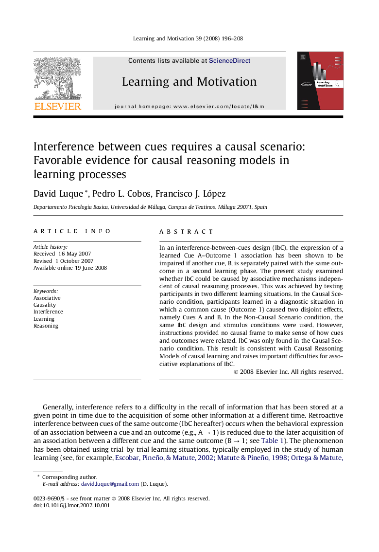 Interference between cues requires a causal scenario: Favorable evidence for causal reasoning models in learning processes