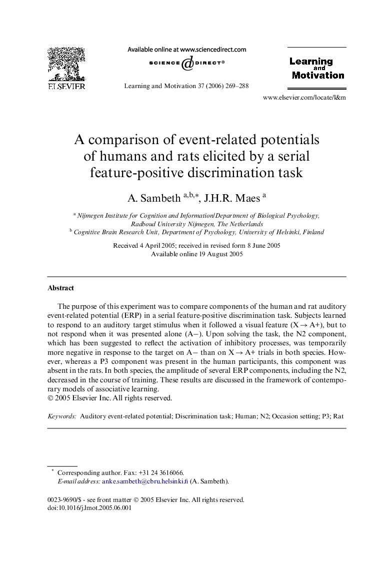 A comparison of event-related potentials of humans and rats elicited by a serial feature-positive discrimination task