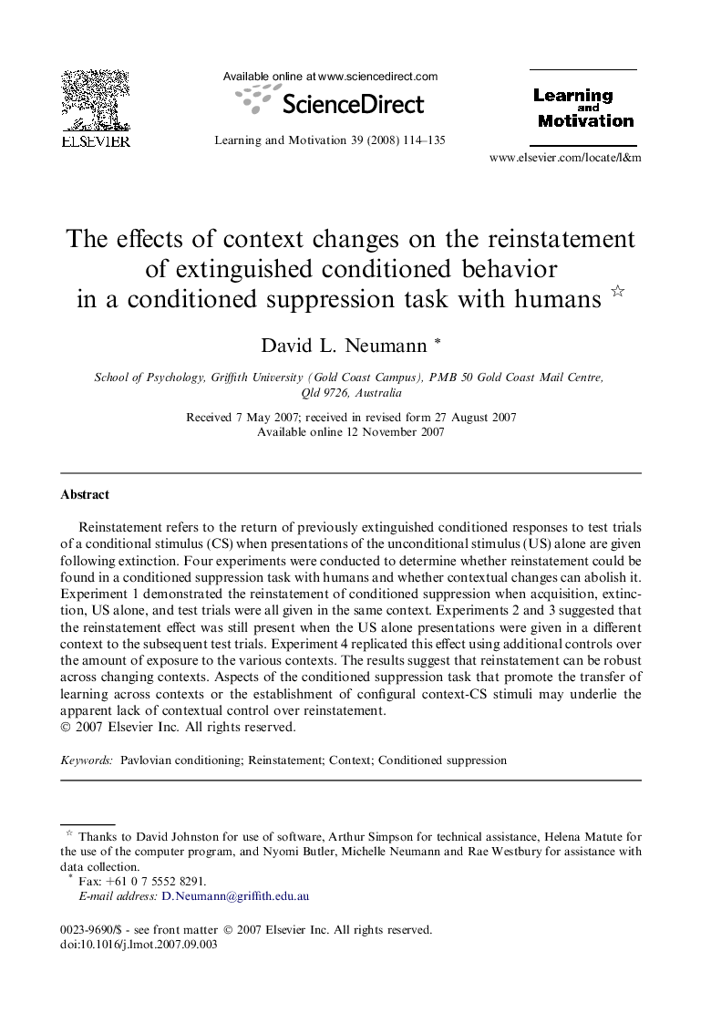 The effects of context changes on the reinstatement of extinguished conditioned behavior in a conditioned suppression task with humans 