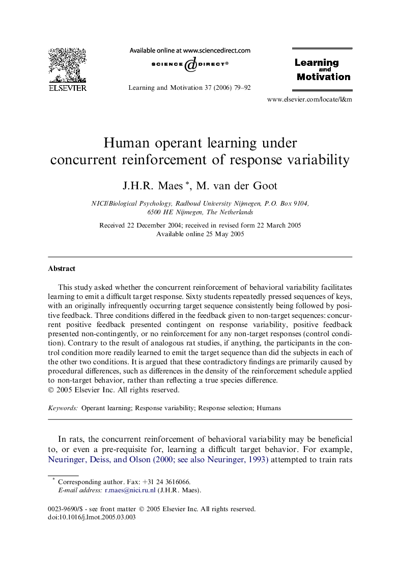 Human operant learning under concurrent reinforcement of response variability