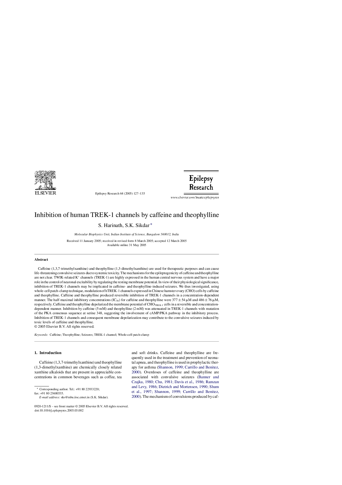 Inhibition of human TREK-1 channels by caffeine and theophylline