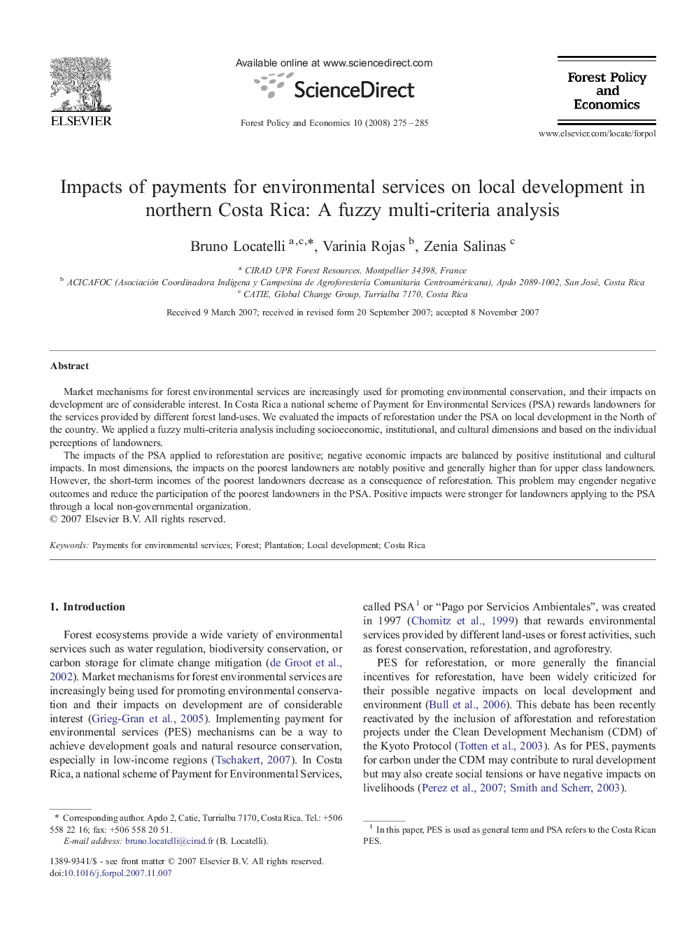 Impacts of payments for environmental services on local development in northern Costa Rica: A fuzzy multi-criteria analysis