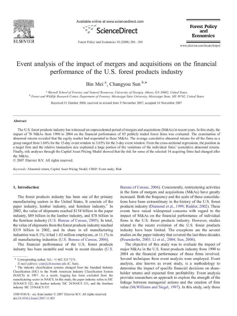 Event analysis of the impact of mergers and acquisitions on the financial performance of the U.S. forest products industry