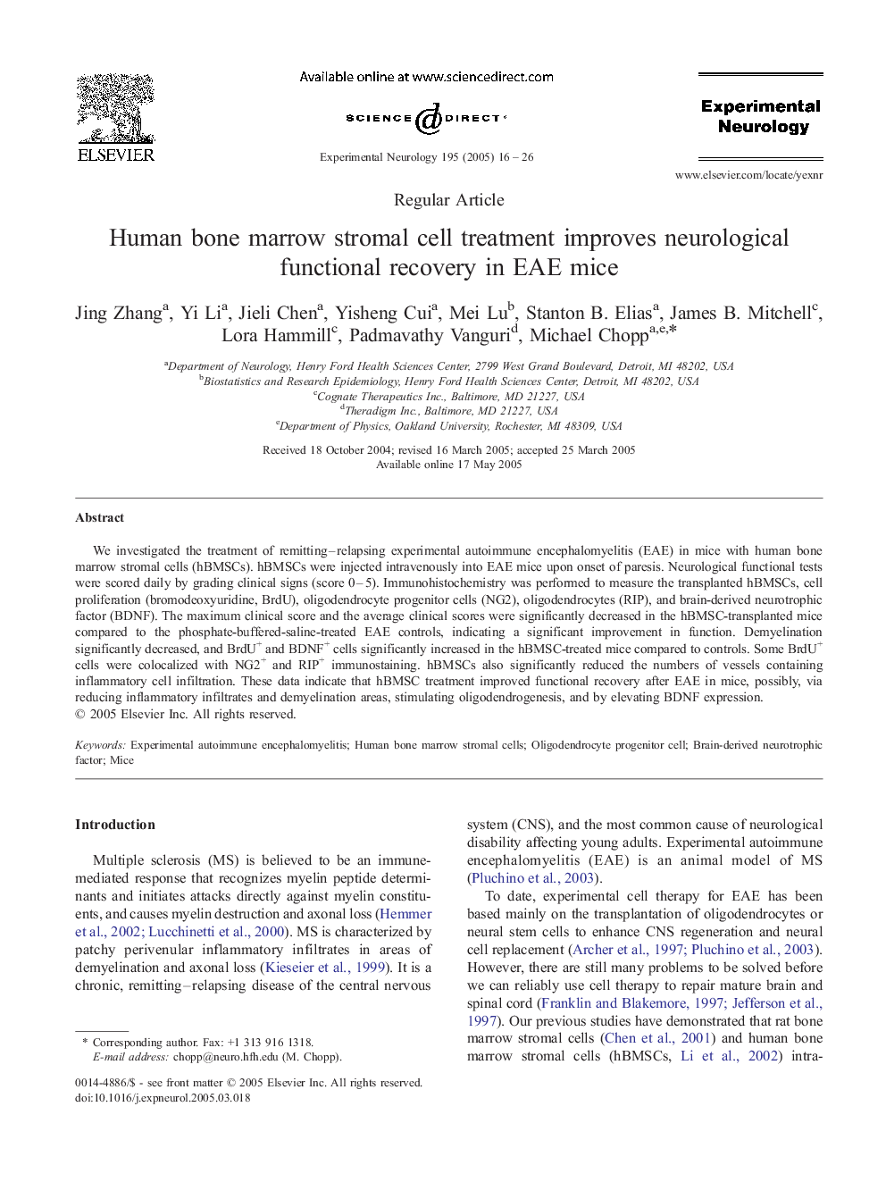 Human bone marrow stromal cell treatment improves neurological functional recovery in EAE mice