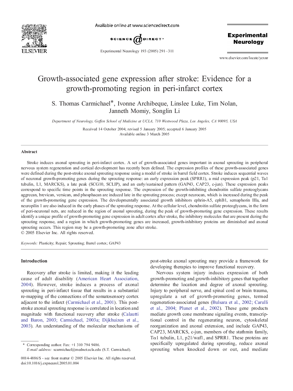 Growth-associated gene expression after stroke: evidence for a growth-promoting region in peri-infarct cortex