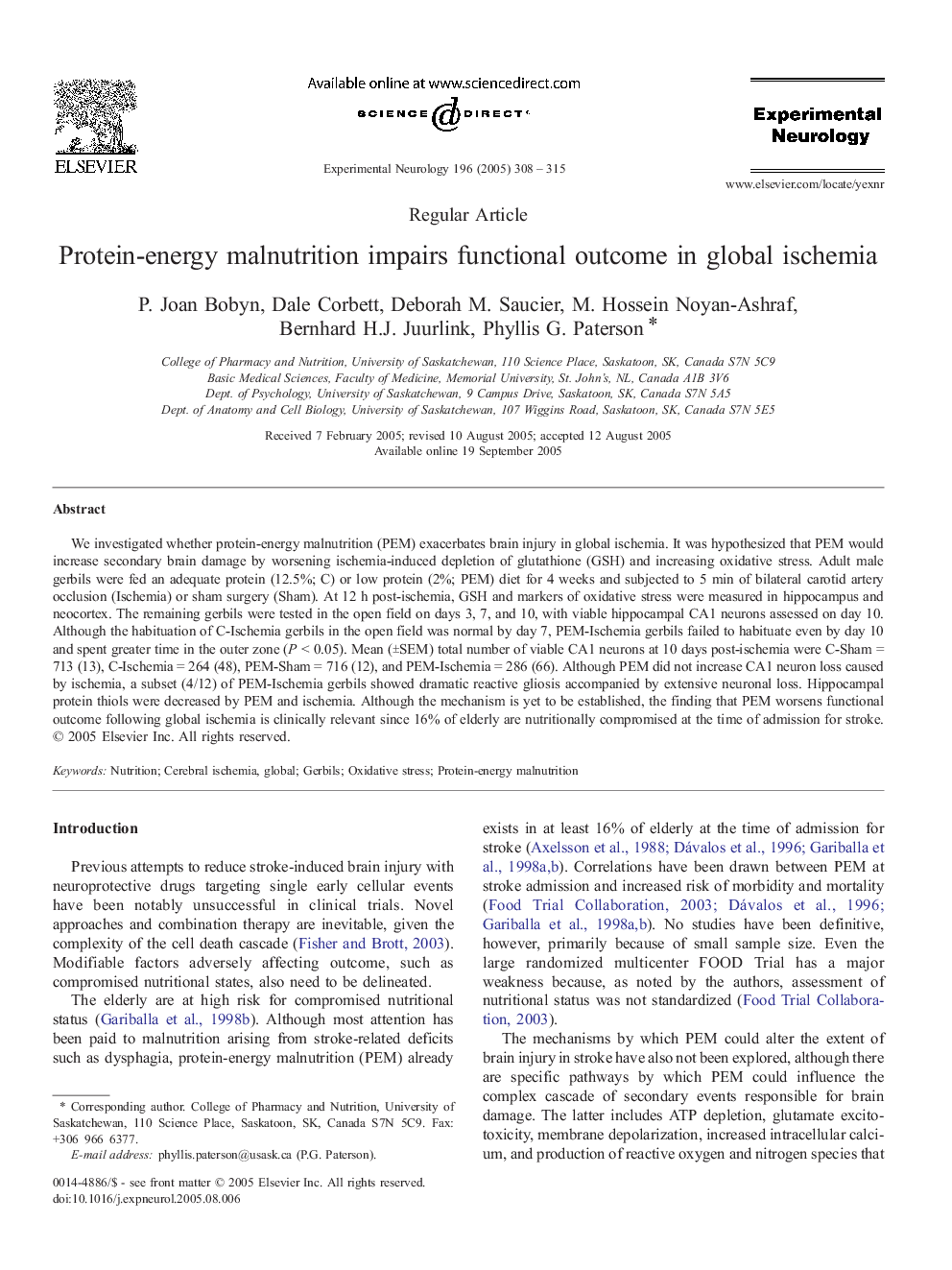 Protein-energy malnutrition impairs functional outcome in global ischemia