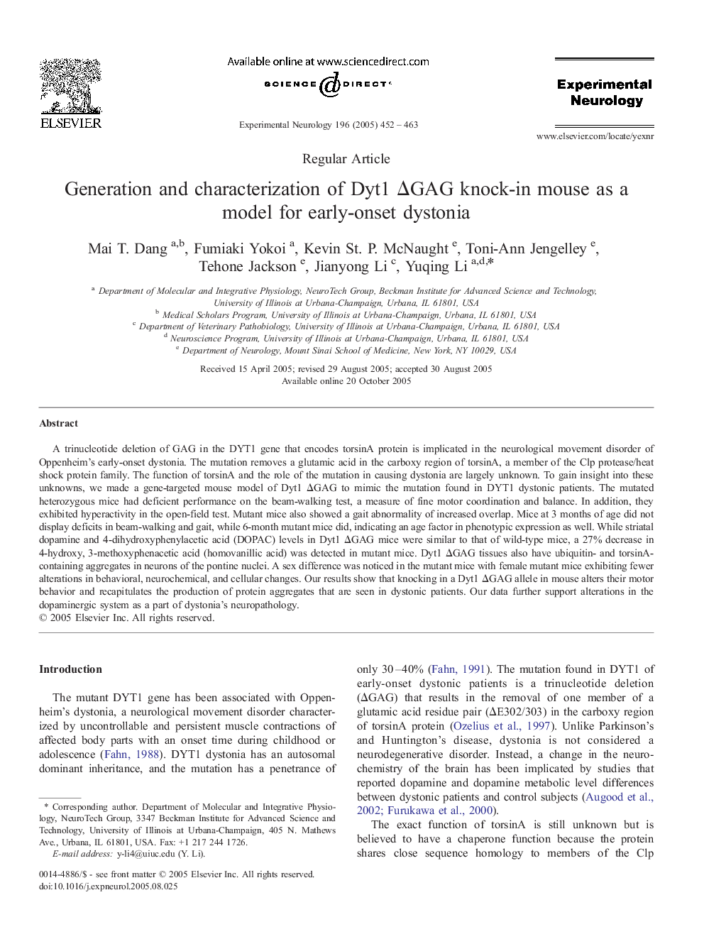 Generation and characterization of Dyt1 ÎGAG knock-in mouse as a model for early-onset dystonia