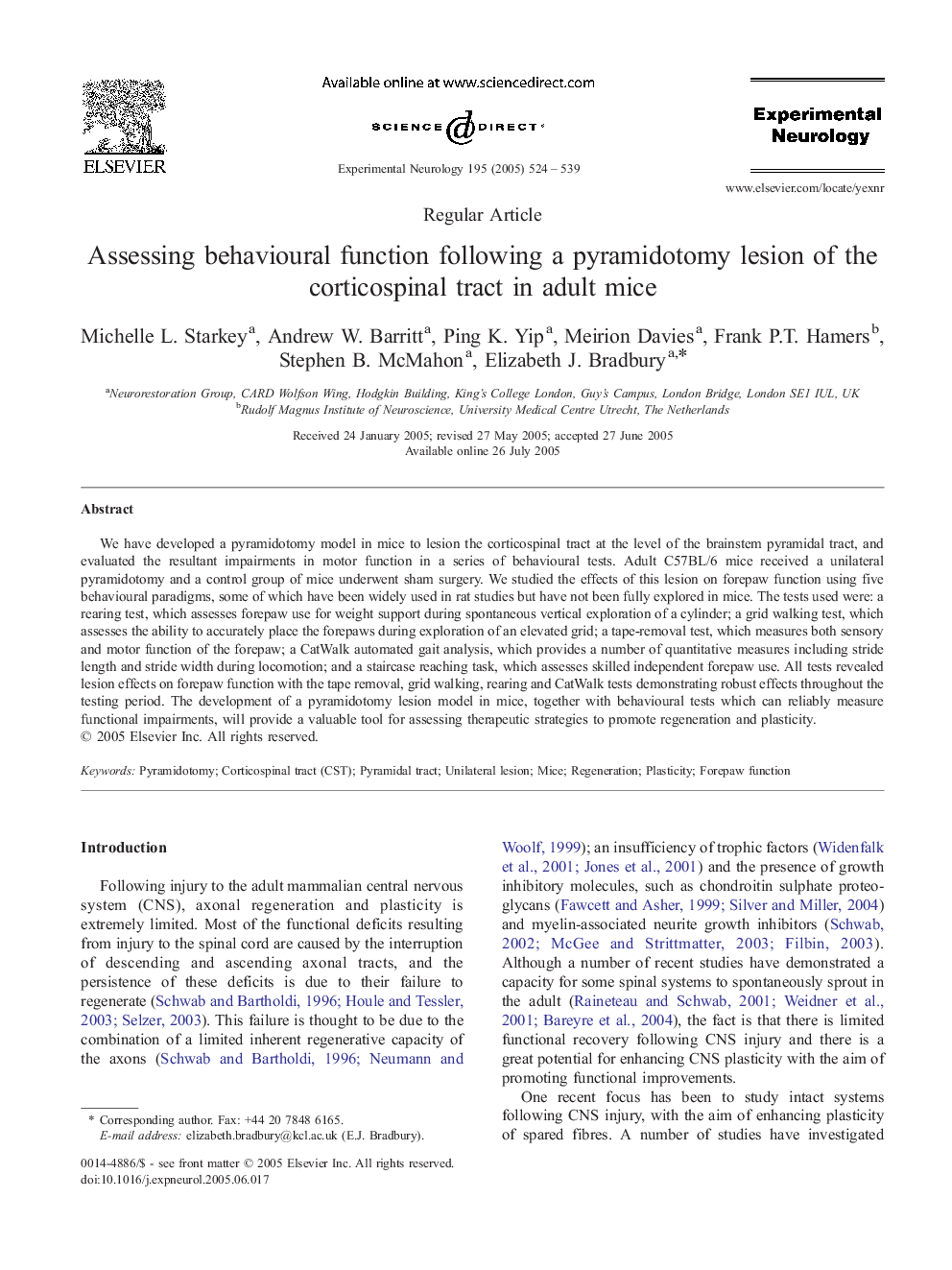 عکس صفحه اول مقاله: Assessing behavioural function following a pyramidotomy lesion of the corticospinal tract in adult mice Assessing behavioural function following a pyramidotomy lesion of the corticospinal tract in adult mice