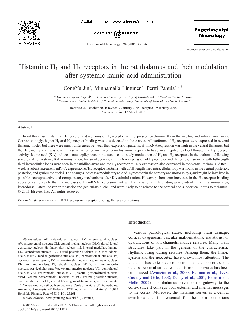 Histamine H1 and H3 receptors in the rat thalamus and their modulation after systemic kainic acid administration