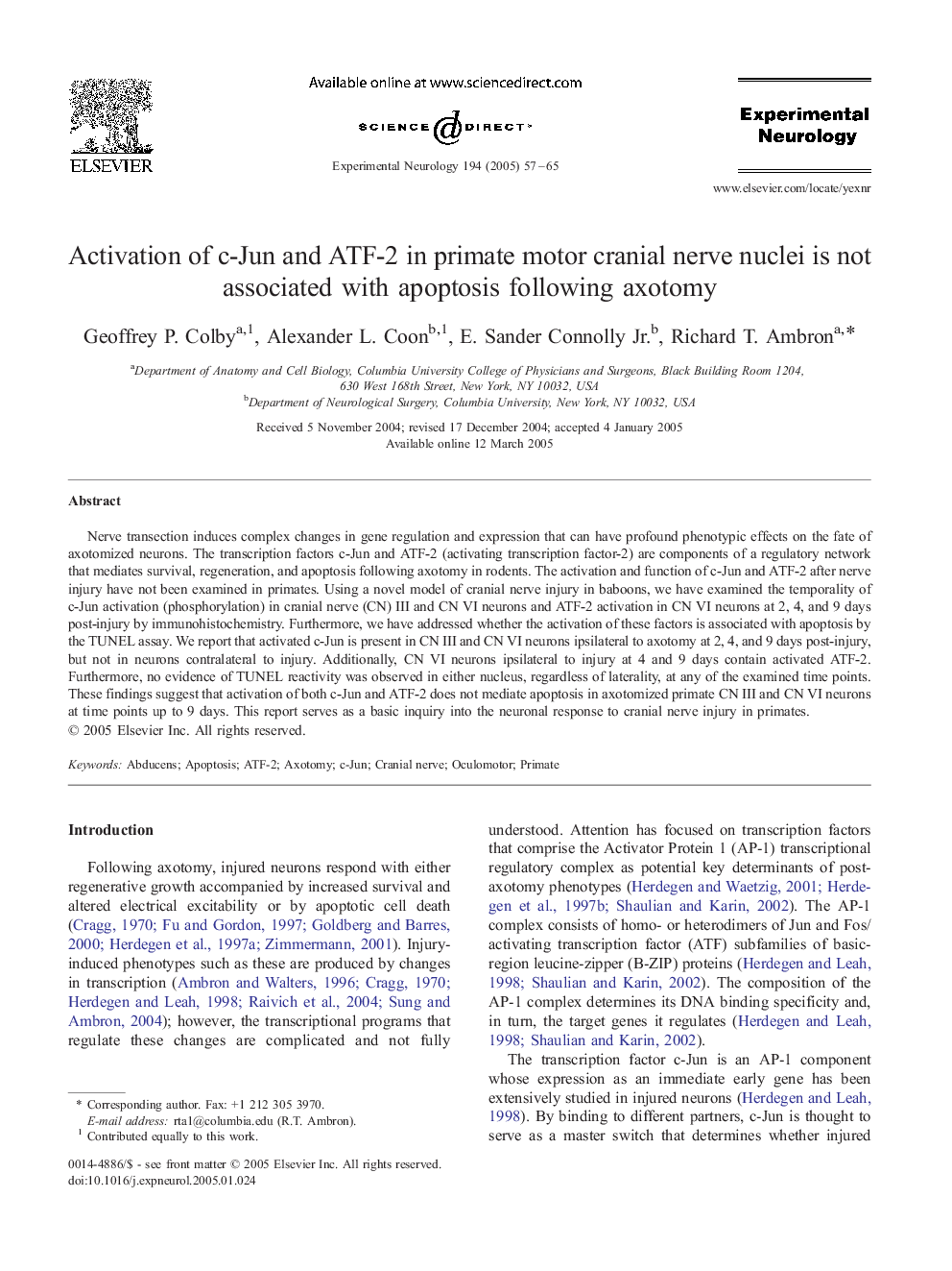 Activation of c-Jun and ATF-2 in primate motor cranial nerve nuclei is not associated with apoptosis following axotomy