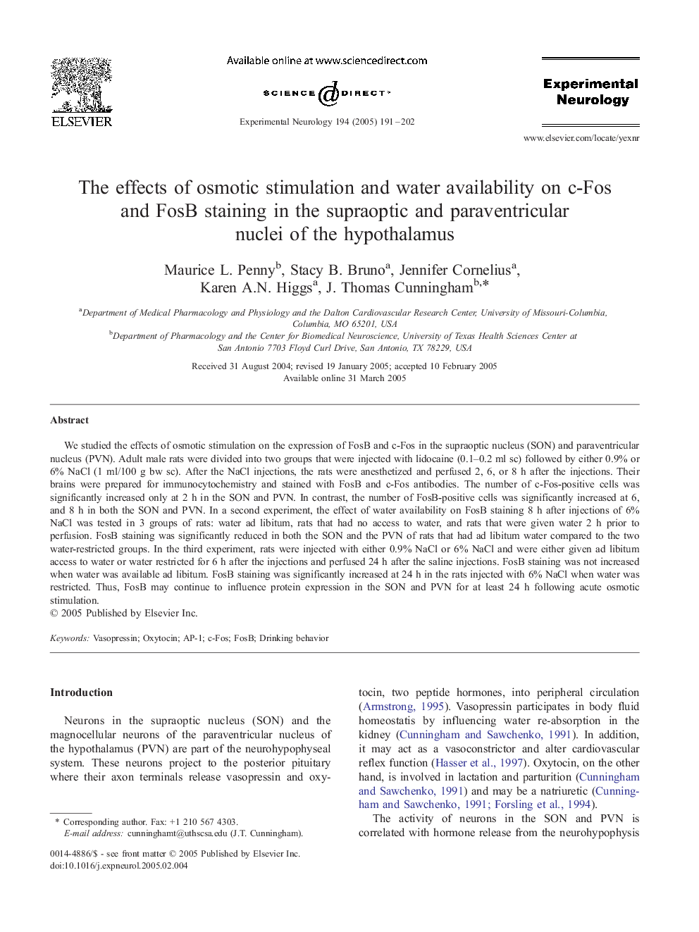 عکس صفحه اول مقاله: The effects of osmotic stimulation and water availability on c-Fos and FosB staining in the supraoptic and paraventricular nuclei of the hypothalamus The effects of osmotic stimulation and water availability on c-Fos and FosB staining in the supraoptic and paraventricular nuclei of the hypothalamus