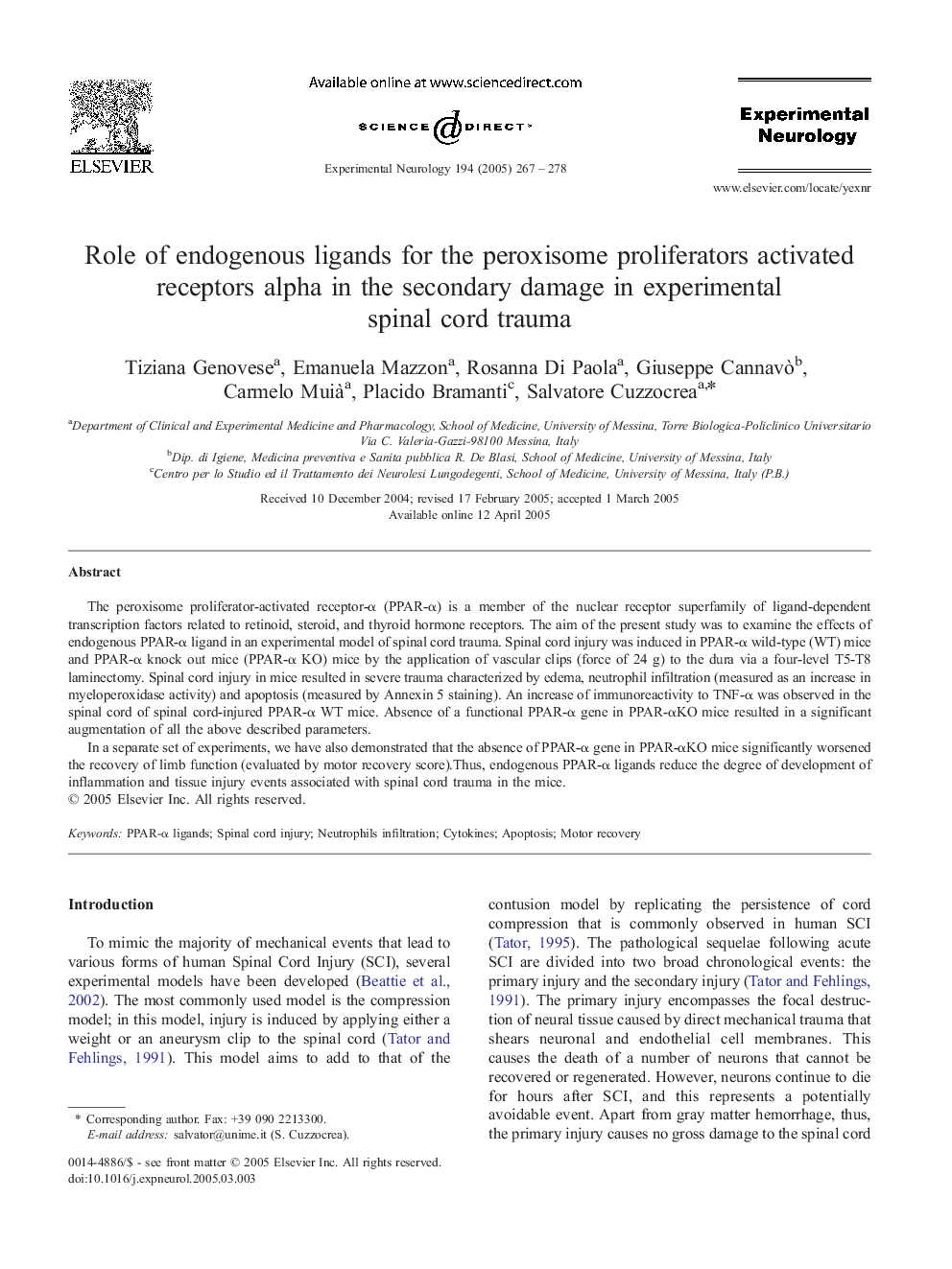 Role of endogenous ligands for the peroxisome proliferators activated receptors alpha in the secondary damage in experimental spinal cord trauma