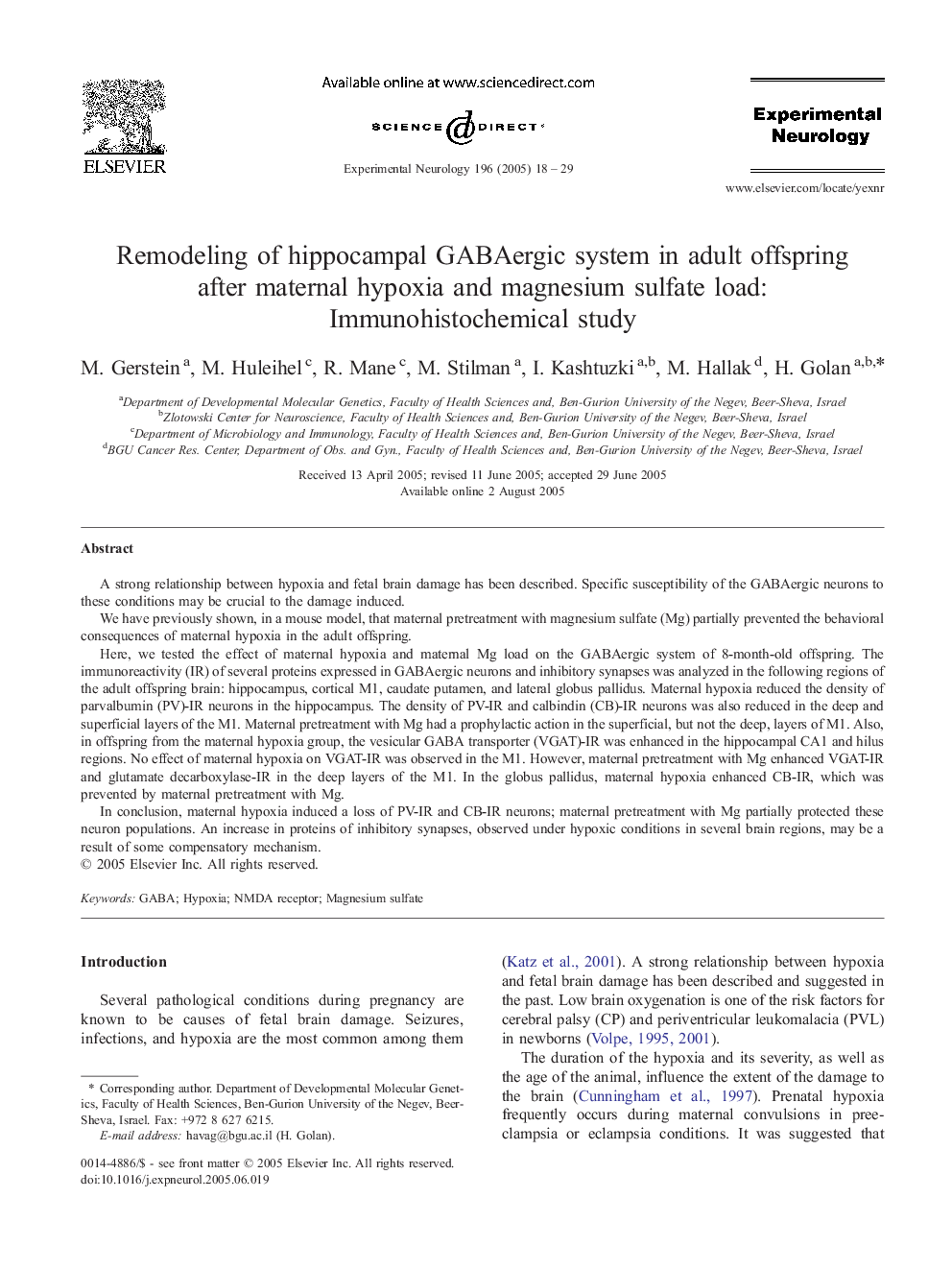 Remodeling of hippocampal GABAergic system in adult offspring after maternal hypoxia and magnesium sulfate load: Immunohistochemical study