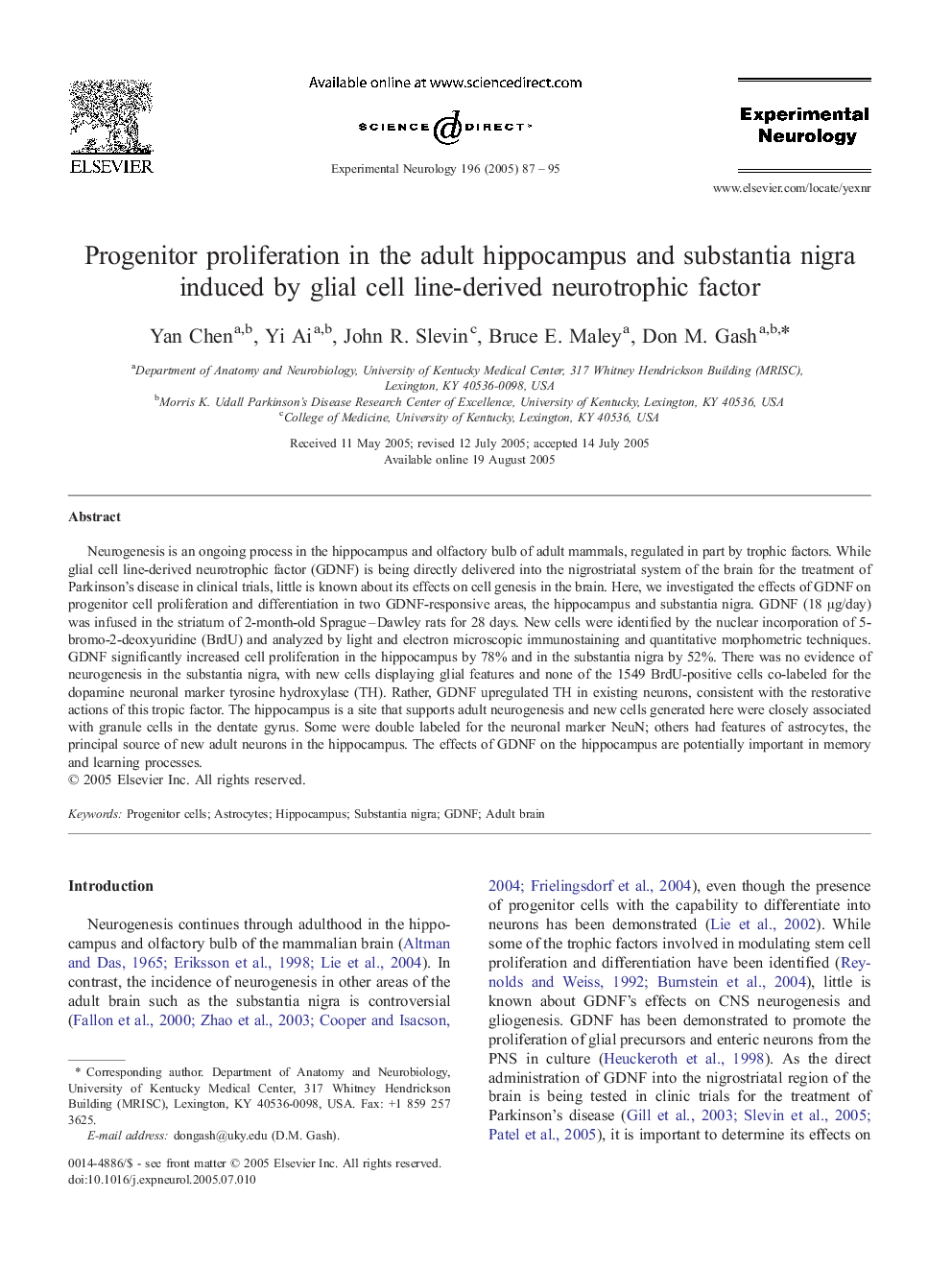 Progenitor proliferation in the adult hippocampus and substantia nigra induced by glial cell line-derived neurotrophic factor