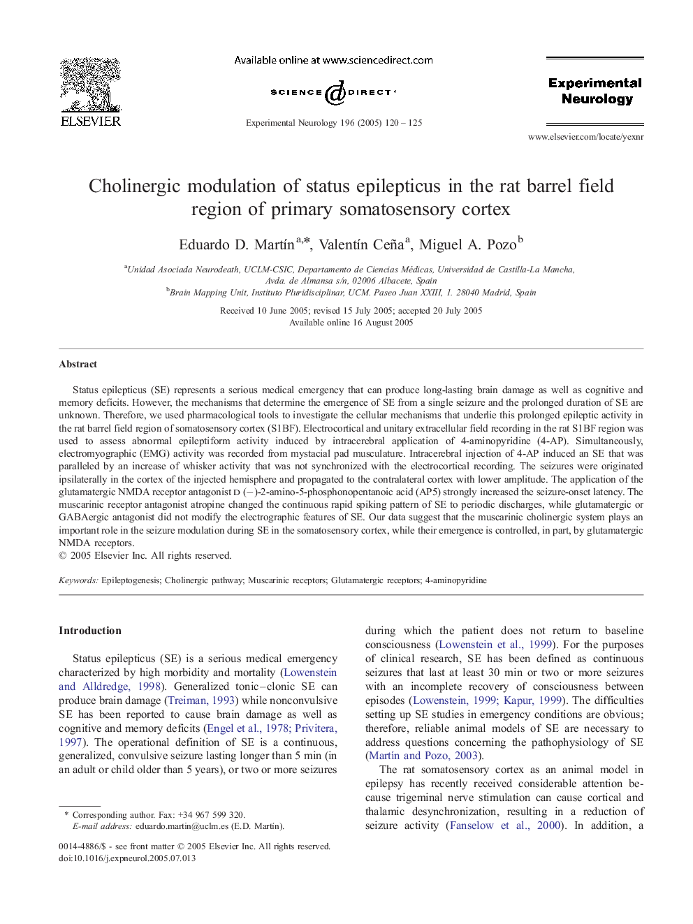 Cholinergic modulation of status epilepticus in the rat barrel field region of primary somatosensory cortex