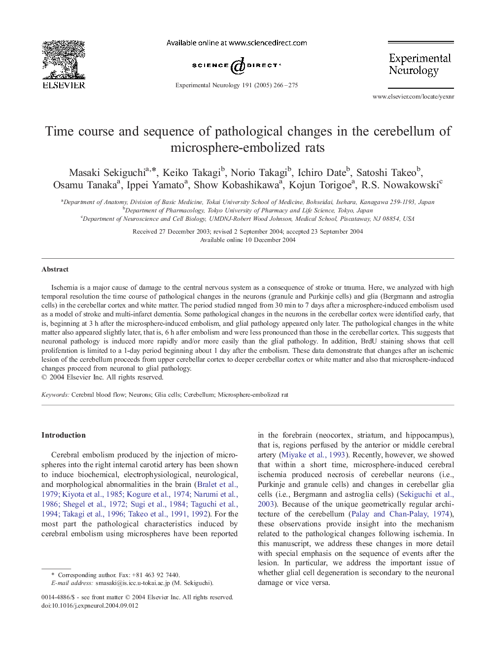 Time course and sequence of pathological changes in the cerebellum of microsphere-embolized rats