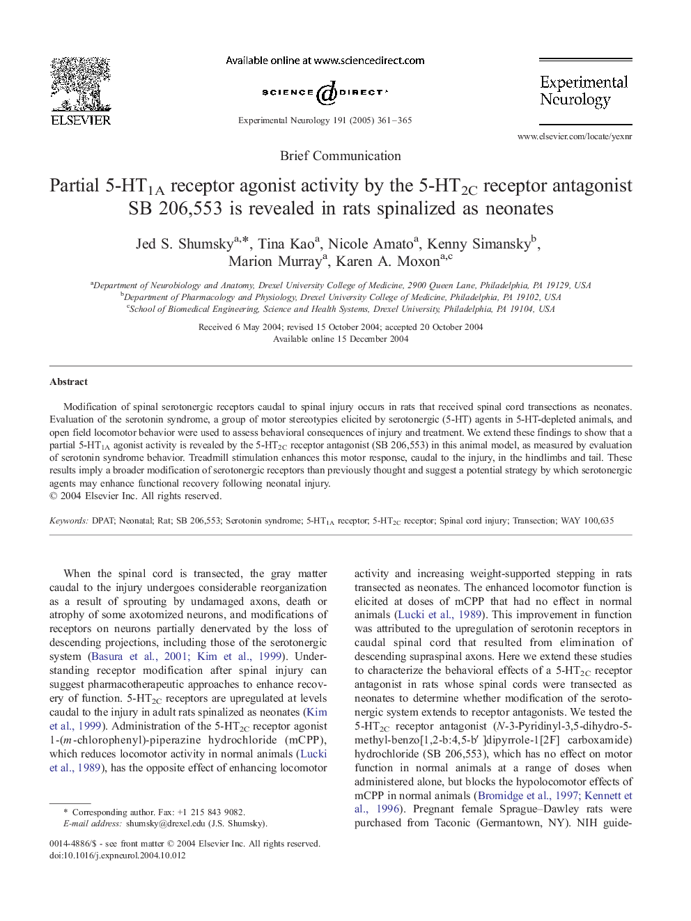 Partial 5-HT1A receptor agonist activity by the 5-HT2C receptor antagonist SB 206,553 is revealed in rats spinalized as neonates