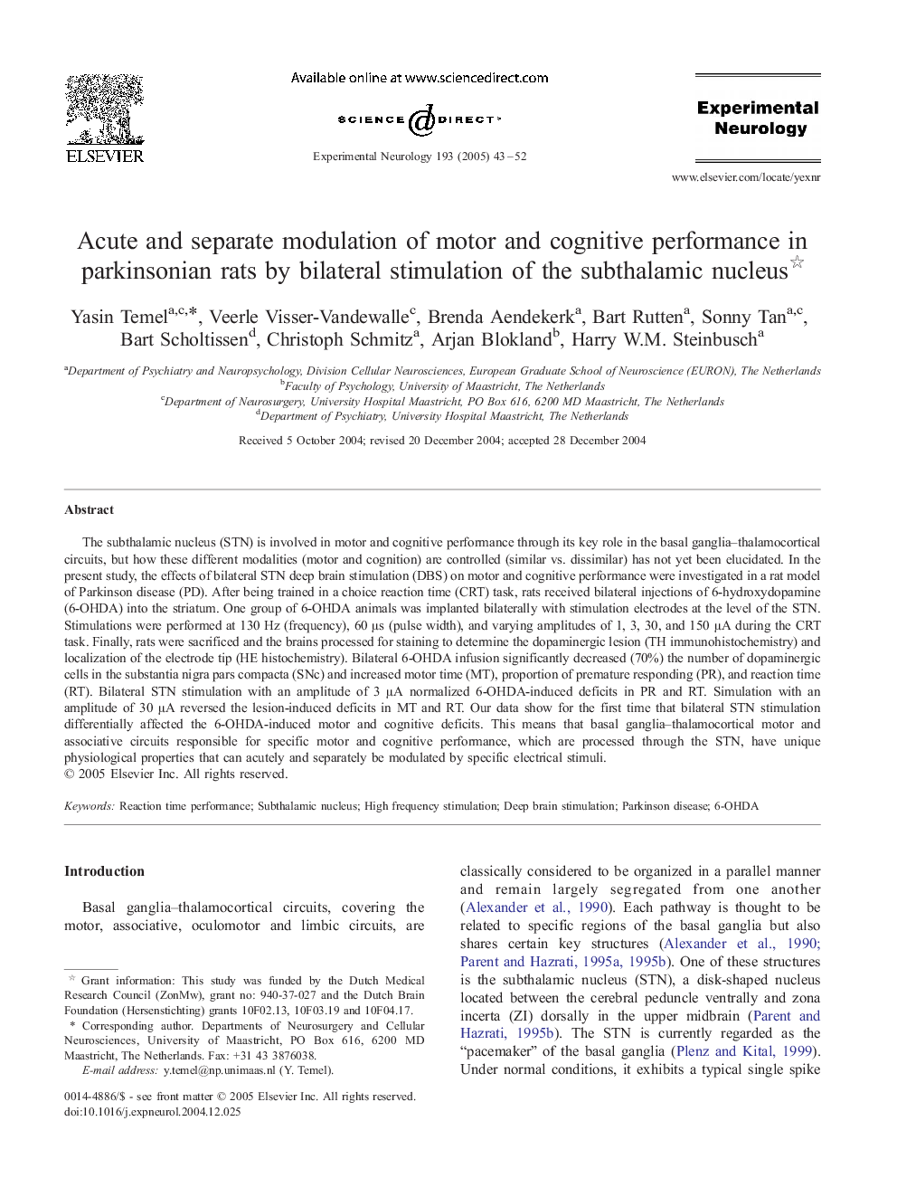 Acute and separate modulation of motor and cognitive performance in parkinsonian rats by bilateral stimulation of the subthalamic nucleus