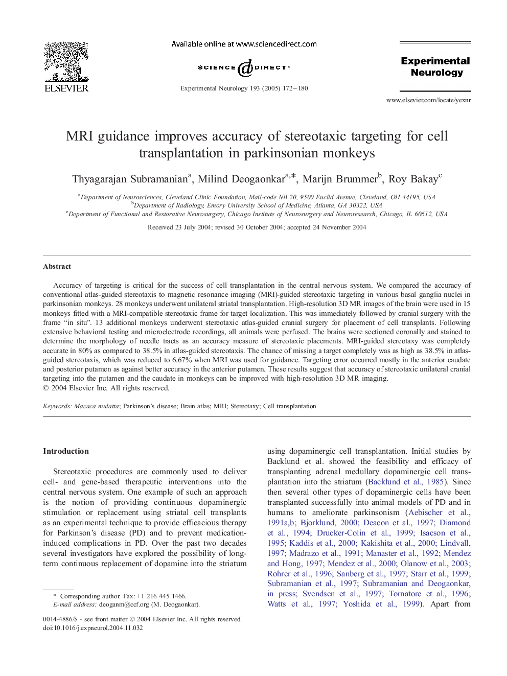 MRI guidance improves accuracy of stereotaxic targeting for cell transplantation in parkinsonian monkeys