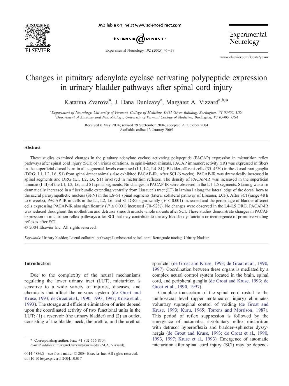 Changes in pituitary adenylate cyclase activating polypeptide expression in urinary bladder pathways after spinal cord injury