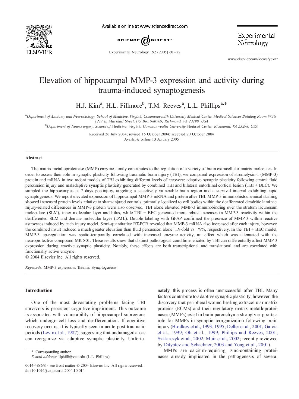 Elevation of hippocampal MMP-3 expression and activity during trauma-induced synaptogenesis