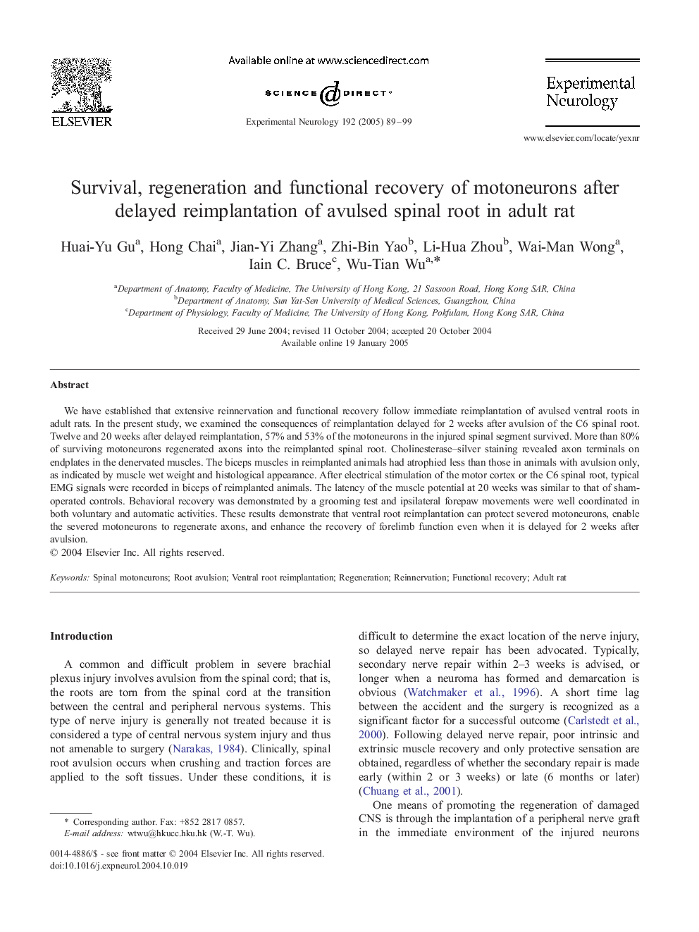 Survival, regeneration and functional recovery of motoneurons after delayed reimplantation of avulsed spinal root in adult rat